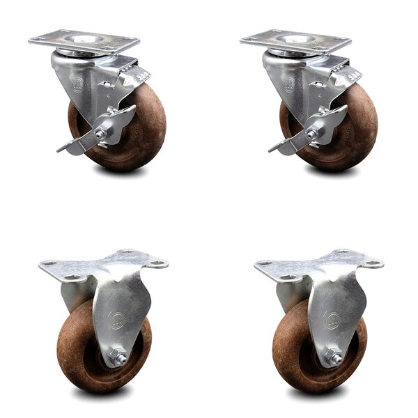 Service Caster 4 Inch High Temp Glass Filled Nylon Top Plate Caster Set with 2 Brakes 2 Rigid SCC-20S414-GFNSHT-TLB-TP3-2-R-2 - main